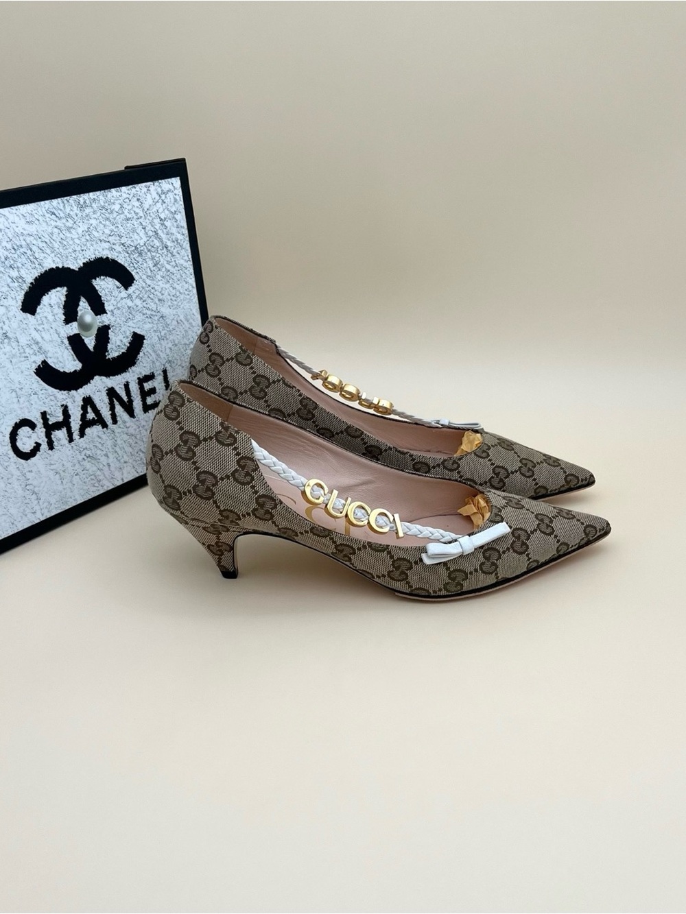 Gucci Beige GG Monogram Pointed Toe Low Kitten Heel Pumps with Gold Accents - Picture 4 of 6